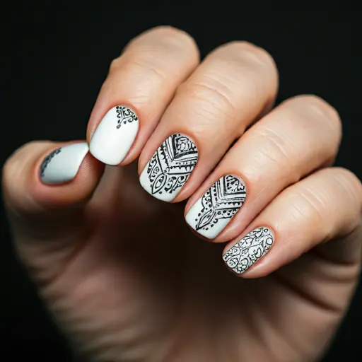 Unghie bianche nail art con decorazioni geometriche nere